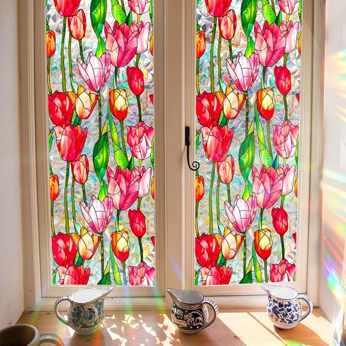 JOONOR Retro Tulip Flowers Window Privacy Film,Stained Glass Decals Colorful Floral Privacy Rainbow Decals Living Room Sun Blocking Decor Removable Static Cling Stickers,16.93 x 39.37 Inch