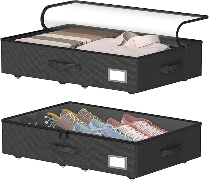 Underbed Storage With Wheels, No Assembly Required - 5.5 Inch Height Black Underbed Bins, Low Profile Rolling Shoe Storage Co