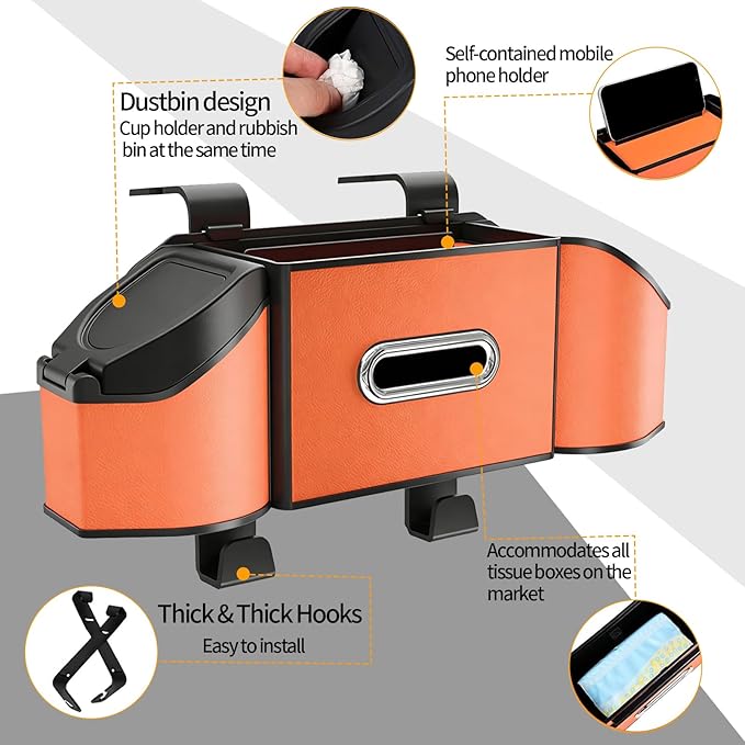 7-in-1 Car Seat Back Organizer, Headrest Storage with Cup Holder, Tissue Box & Trash Can, Fits Most Cars SUVs Trucks - Designed for USA Roads (Orange)