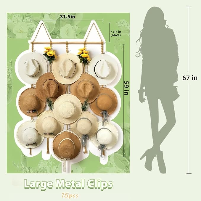 Macrame Hat Organizer Rack for Wall 15 Clips 31x66in Large Fedora Hat Hangers Display for Wide Brimmed Hat Holder Storage Boh