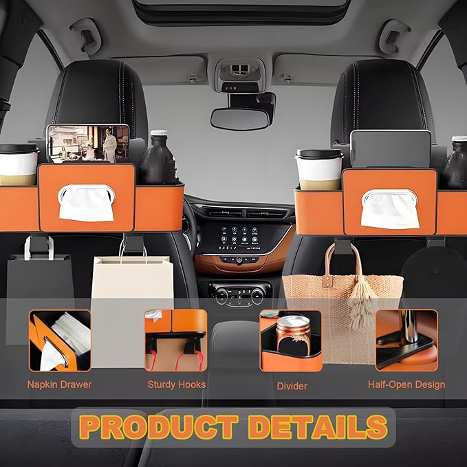 Car Back Seat Organizer, Multifunctional Car Seat Back Storage Box with 2 Cup Holders, Tissue Box for Hold Phones,Snacks, Drinks, Handbags (Beige)