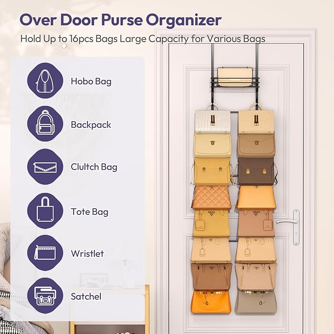 SWTYMIKI Over The Door Purse Organizer - Wall Mounted Handbag Organizer with 16 Hooks and Metal Basket, Hanging Purse Storage