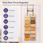 SWTYMIKI Over The Door Purse Organizer - Wall Mounted Handbag Organizer with 16 Hooks and Metal Basket, Hanging Purse Storage