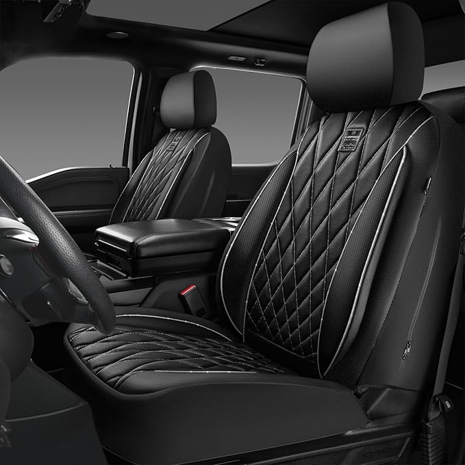 CAR PASS Piping Luxury Leather Two Front Car Seat Covers,Silver Glitter Waterproof Seat Cover Compatible with Front Seat Armr
