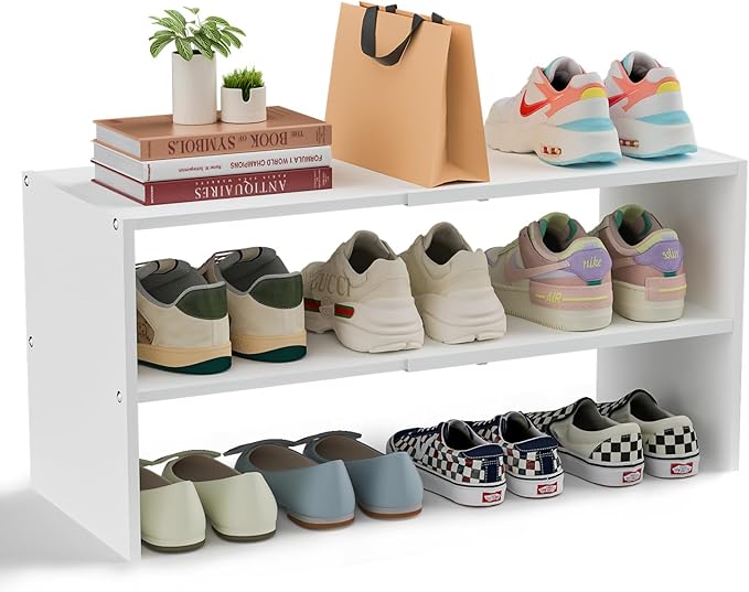 White Shoe Rack Organizer for Closet, 2-Tier Expandable Shoe Shelf, Stackable Iron Wood Combination Small Shoe Racks Shelves 