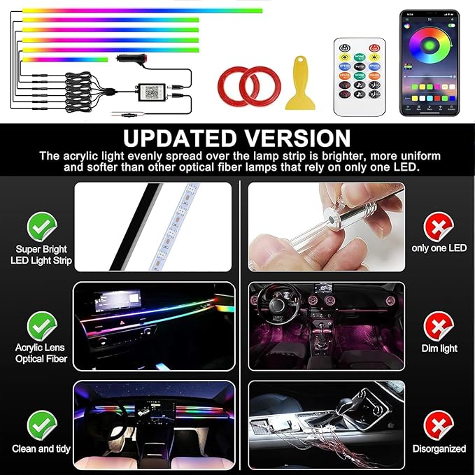 Interior Car LED Strip Lights, Acrylic LED Lights for Car with Dynamic Dreamcolor Chasing, 6 in 1 175 inches 593 LEDs Ambient Lighting Kits Music Sync Wireless APP and Remote Control