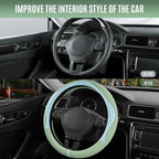 PIC AUTO Steering Wheel Cover, Light Blue Patterned & Green Leather Patchwork Design, Universal Fit 14.5"–15.5", Anti-Slip, O