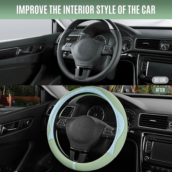PIC AUTO Steering Wheel Cover, Light Blue Patterned & Green Leather Patchwork Design, Universal Fit 14.5"–15.5", Anti-Slip, O