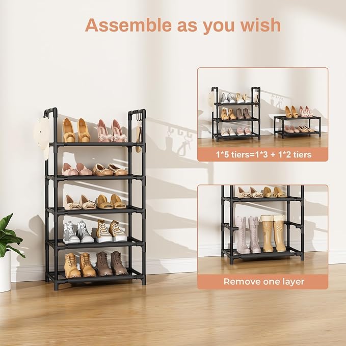 LANTEFUL 5 Tiers Shoe Rack 12-15 Pairs Boots Organizer Storage Sturdy Narrow Shoe Shelf for Entryway, Closets with Hooks, Bla