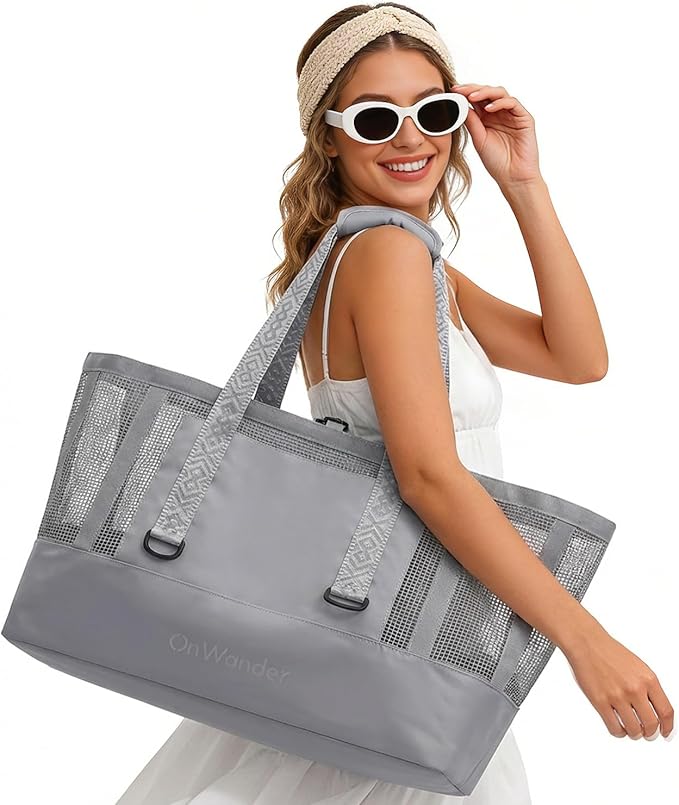 Large Mesh Beach Tote Bag - 50L Pool Bags with 2 Inner Zipper Waterproof Pockets for Swim Toys Towels Travel