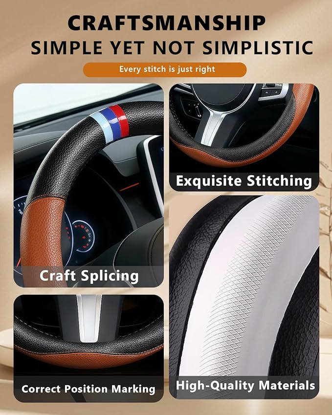 Steering Wheel Cover for BMW Leather Car Steering Wheel Covers Universal for Car SUV Truck with Anti-Slip Lining 14.5-15inch 