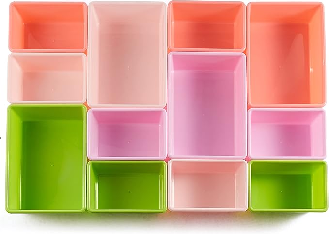 Amazon Basics Kids Toy Storage Organizer with 12 Plastic Bins, White Wood with Pink Bins, for Bedroom and Playroom, 10.9" D x