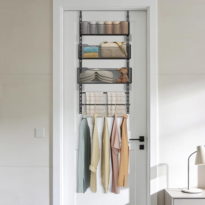 VyGrow Over the Door Storage Organizer with 3 Tier Mesh Baskets 2 Hanging Rods, 2 Mounting Options, Heavy Duty Clothes Hanger