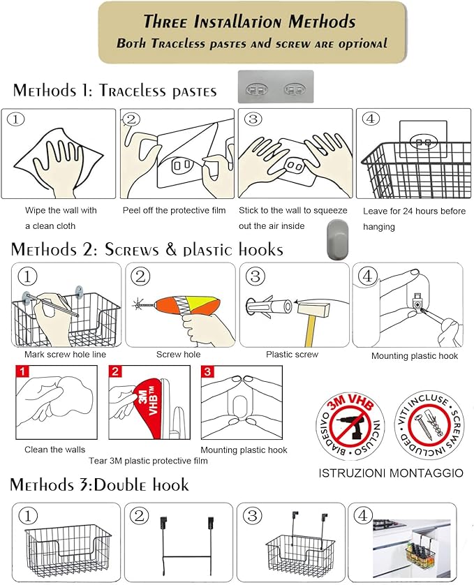 JUNCHU CHERRY Wire Storage Basket 2 Packs, Wall Mounted Kitchen Bathroom, Hanging Cabinet Door Storage Basket, no Drilling, S