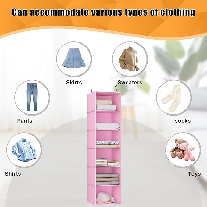 Hanging Closet Organizer, Easy Mount Foldable 6-Shelf Hanging Closet Wardrobe Storage Shelves, Clothes Handbag Shoes Accessor