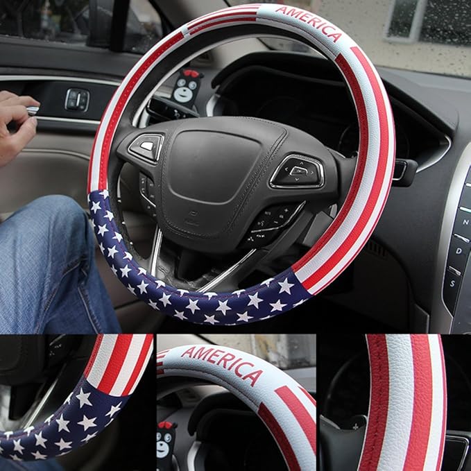 Dotesy Leather Auto Steering Wheel Cover, Fashion Flag Style Car Steering Wheel Cover Protector Universal for 36.5-38cm (Amer