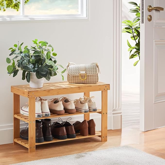 Pipishell 3 Tier Bamboo Shoe Rack Bench - Sturdy Shoe Organizer Holds up to 300lbs for Entryway, Bedroom, Living Room, Balcon