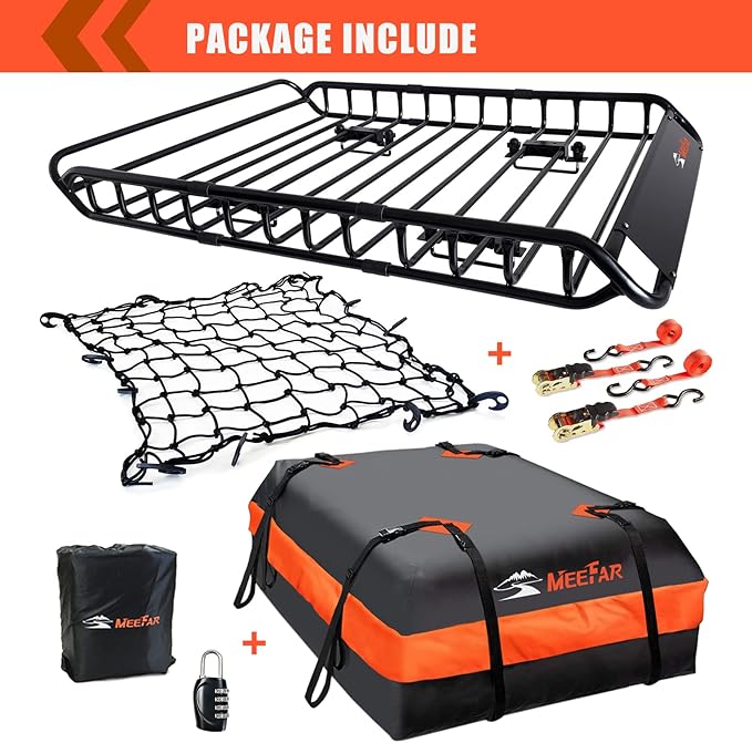 MeeFar Roof Rack Carrier Carrier Basket 51"*36"*5"+Waterproof Bag 15 Cubic Feet(44"*34"*17"),and Cargo Net with Attachment Hooks,Ratchet Straps.200 Lbs Capacity,Universal Rooftop Large Size Roof Rack