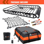 MeeFar Roof Rack Carrier Carrier Basket 51"*36"*5"+Waterproof Bag 15 Cubic Feet(44"*34"*17"),and Cargo Net with Attachment Hooks,Ratchet Straps.200 Lbs Capacity,Universal Rooftop Large Size Roof Rack