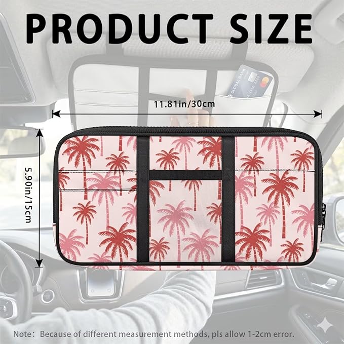 Pink Palm Tree Car Sun Visor Organizer with Multi-Pocket Car Sun Visor Storage Bag Easy to Store Keep Tidy Universal for SUV Truck Van