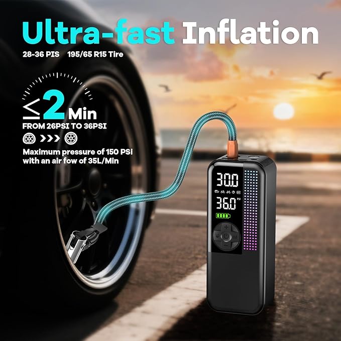 Tire Inflator Portable Air Compressor,150 PSI Cordless Air Pump, 12V DC Car Plug,Dual Power 10000mAh, Fast Inflation 24L/Min, 4 Preset Modes for Car, Bike, Motorcycle, Balls (Black, 10000mAh)