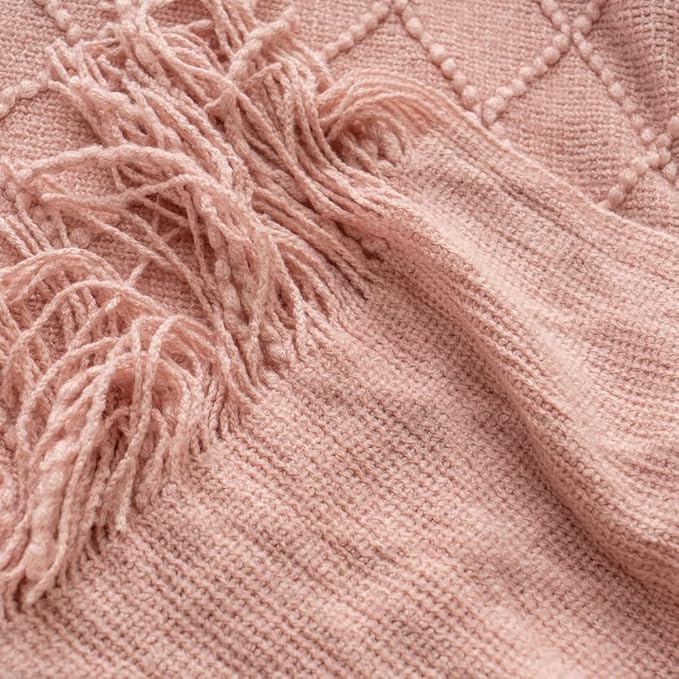 BATTILO HOME Blush Throw Blanket with Tassels, Pink Knit Blanket for Home Decor, Boho Style Textured Knitted Decorative Blank