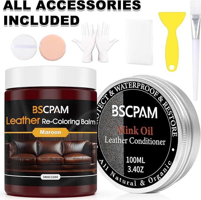 12oz Leather Recoloring Balm & 3.4oz Mink Oil Leather Conditioner kit,Maroon Leather Color Repair Kits for Couches, Leather C