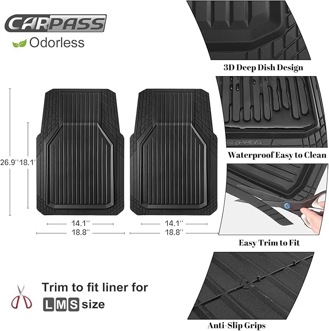 CAR PASS Heavy Duty Rubber Floor Mats for Car, Waterproof Deep Dish Car Mats Two Front, Universal Trim to Fit for SUV Truck Sedans Vans, All Weather Automotive Floor Mats 2pcs, Solid Black