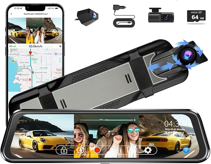 3 Channel Mirror Dash Camera for Cars, Triple Rear View Mirror with Front 4K/3K, Inside and Rear 1080P with WiFi, G-Sensor, N