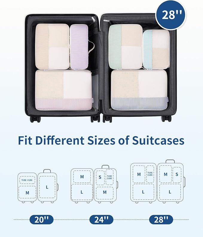 Narwey 7 Set Striped Packing Cubes for Travel Carry on Suitcase Luggage Organizer Bags for Kids Women Men, Durable Packing Or