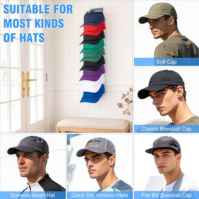 4 Pack Baseball Hat Rack for Wall & Closet, Vertical Hat Display Stand Storage Rack, No Drill Cap Rack for Dorm, Door& Entryw
