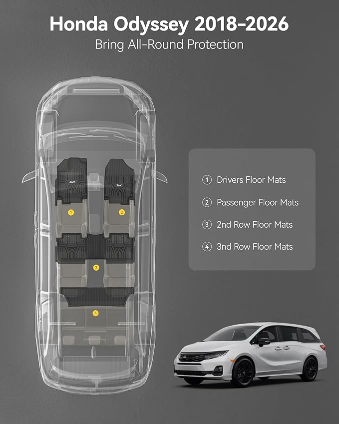 3W Floor Mats Fit for Honda Odyssey 2026 2025-2018, TPE All Weather Custom Fit Floor Liner 1st, 2nd 3rd Row Car Mats,Black