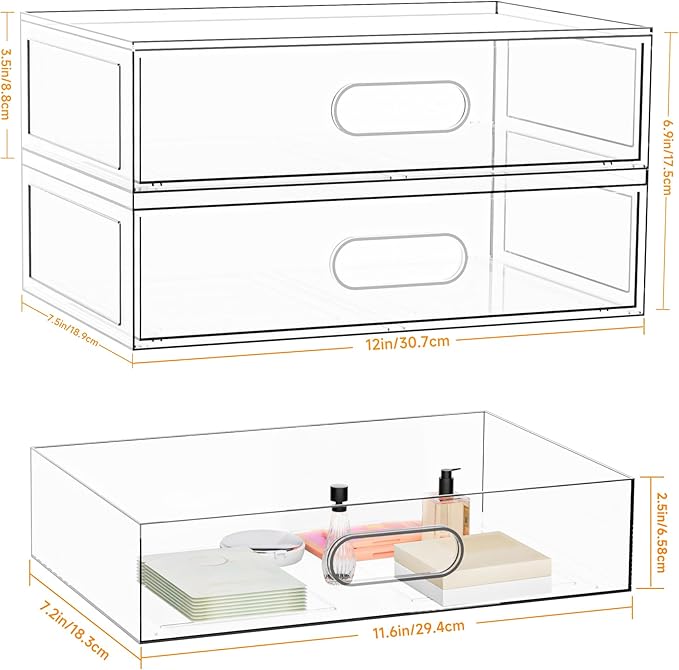 Clear Stackable Makeup Organizer with Drawer, 12''W Acrylic Storage Drawers, Cosmetic Display Case for Vanity Bathroom Counte
