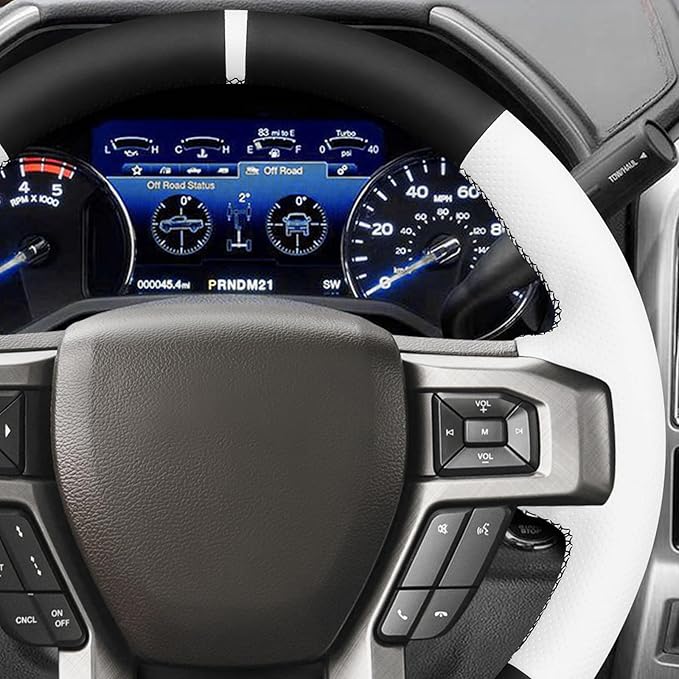 MEWANT Hand Sewn Black White Artifcial Leather Steering Wheel Cover Wrap for Ford F150 F250 F350 Expedition 2018-2021