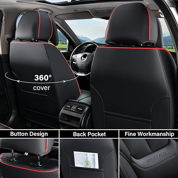 Coverado Universal Seat Covers Full Set, Universal Seat Covers for Cars, Waterproof Nappa Leather Car Seat Covers with Head P