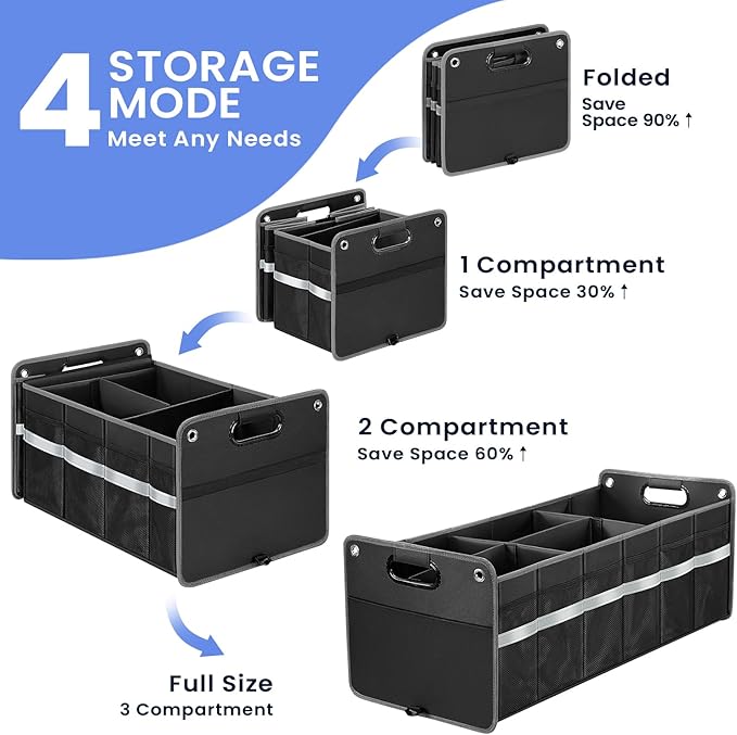 Car Trunk Organizer, Car Storage Organizer, Collapsible Multi Compartment for Car, Suv, Sedan, Truck, 100L, Extra Larger
