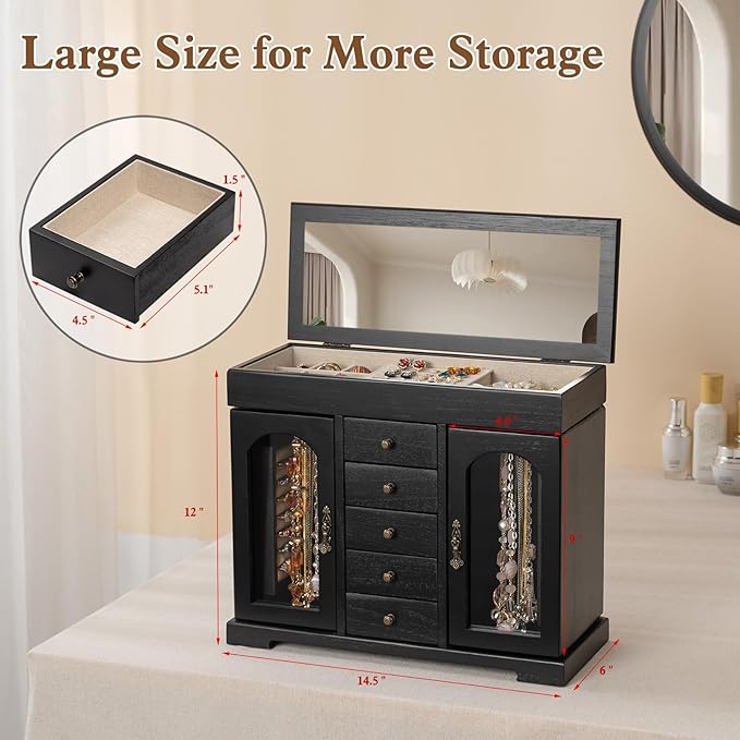Miratino Jewelry Box for Women Girls, Wooden Jewelry Organizer Box with Mirror, 5 Layer Jewelry Storage Case Display for Neck