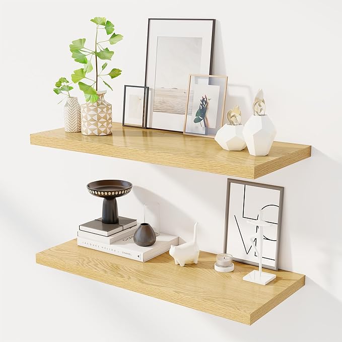 Dreamland 32" Floating Shelves for Wall, 12" Deep Slim Oak Floating Shelves, Wall-Mounted Shelves for Bedroom, Living Room, K