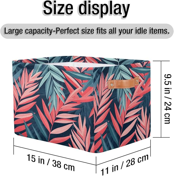 Tropical Palm Leaf Floral Storage Basket Collapsible Cloth Storage Cube Basket Bins Organizer with Handles Rectangular Large 