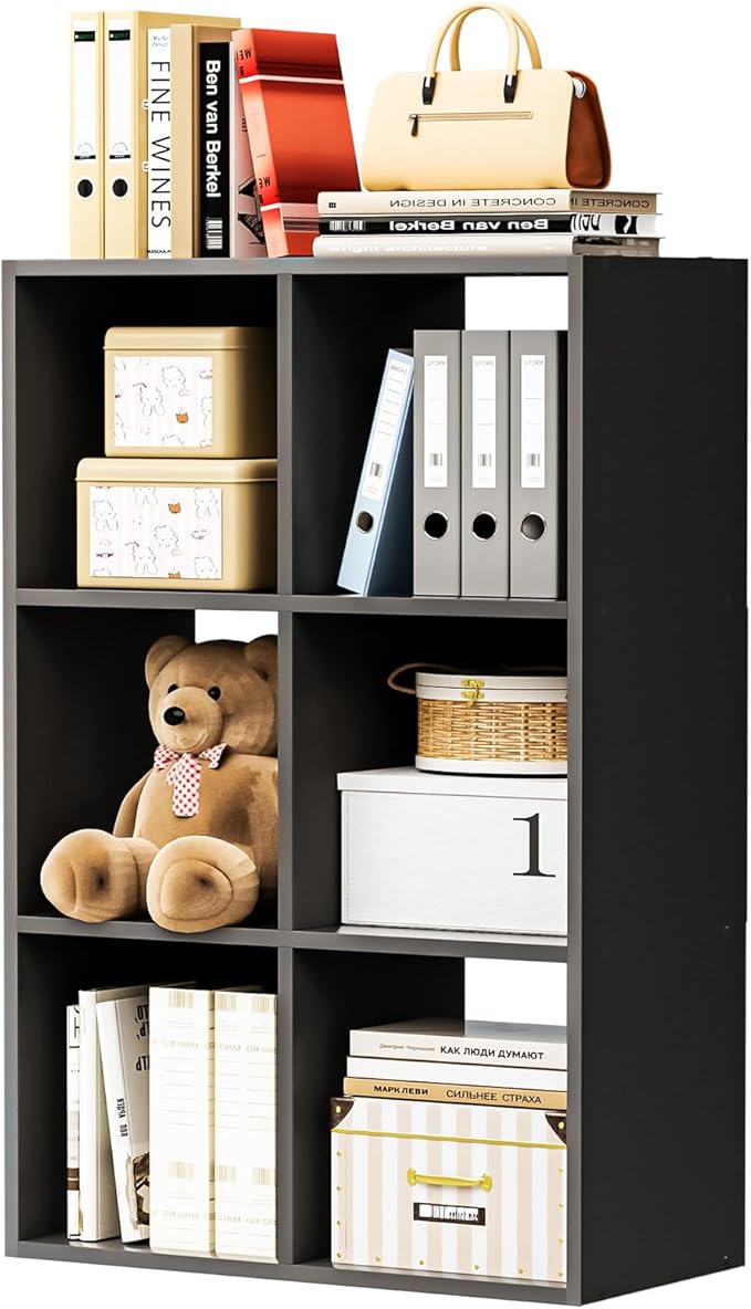 COMHOMA 6 Wood Cube Storage Organizer with Open Back and Removable Back Panels, 11In Black Cube Storage Bookshelf, Cubicle Sh