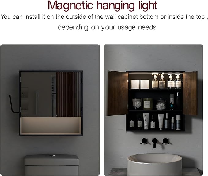 Bathroom Wall Cabinet With Mirror,wall mounted bathroom cabinet,Medicine Cabinet with 2 Door ,Side Hook,Light and Adjustable 