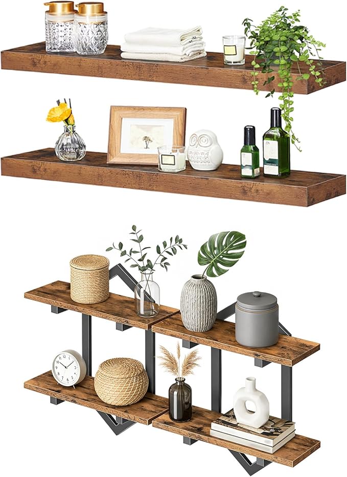 HOOBRO Floating Shelves, Wall Shelf Set of 2, Wall Mounted Storage Shelves 2-Tier, Hanging Bathroom Shelves, for Living Room,
