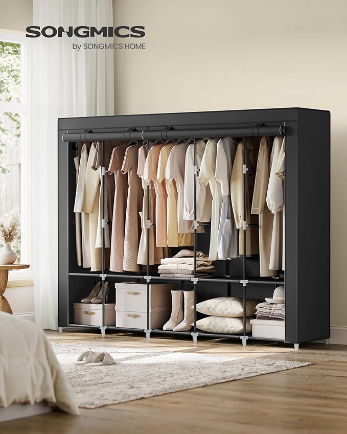 SONGMICS Portable Closet, Wardrobe Closet Organizer with Cover, 5 Hanging Rods and Shelves, 4 Side Pockets, 17.7 x 83 x 65.7 