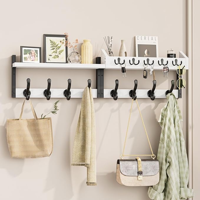 Evermagin 35" Coat Rack Wall Mount with Shelf, 4 in 1 Coat and Key Hanger with 13 Metal Hooks, Entryway Wall Mounted Shelf wi