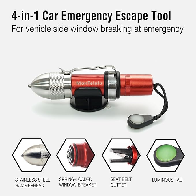 4-in-1 Car Emergency Escape Tool, Spring-Loaded Window Breaker & Seatbelt Cutter with Tungsten Steel Hammerhead, Anti-Slip Lu