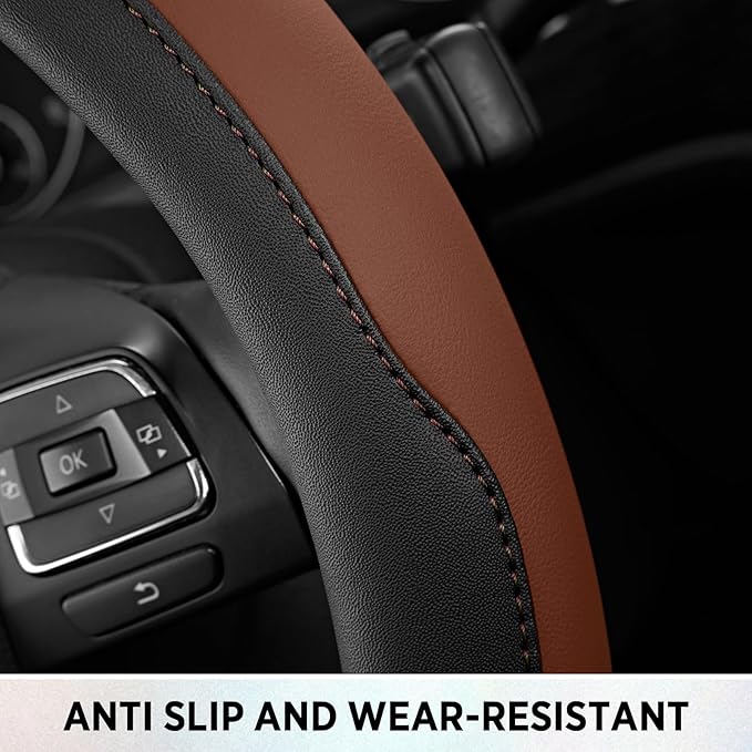 Road Comforts Steering Wheel Cover, Breathable Anti-Slip Leather Steering Wheel Cover, Universal Fit 14.5–15 Inch, Comfortabl