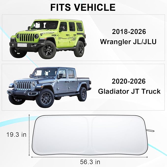 Premium Windshield Sun Shade for 2018-2026 Jeep Wrangler JL JLU & 2020-2026 Jeep Gladiator, Reflective 310T Material Front Window Sun Visor Blocks UV Rays Foldable Sunshade with Storage Pouch