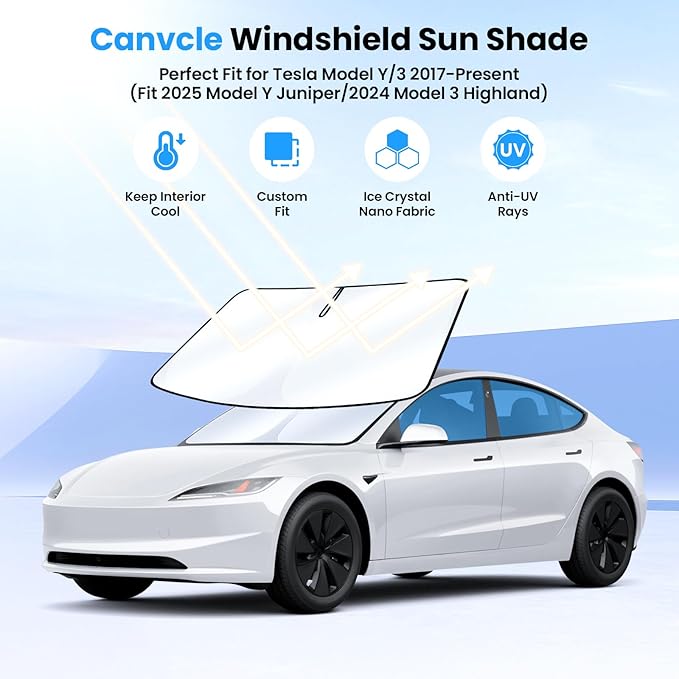Windshield Sun Shade for 2017-2025 2026 Tesla Model Y/3 Accessories (Fit 2025 Model Y Juniper/2024 Model 3 Highland) Double-Layer Front Window Sunshade Sun Visor Block UV Rays Keep Car Cool