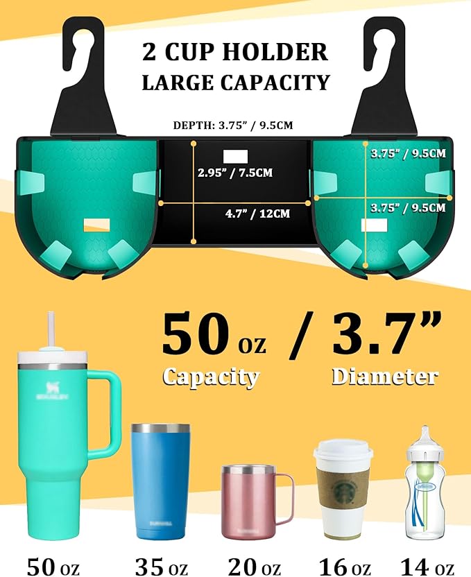 Car Headrest Backseat Cup Holder 3.7" with Organizer, High Capacity 4 in 1 Seat Back Organizer with Headrest Hooks, Multifunctional Storage for Car Travel Accessories Compatible with Most Vehicles