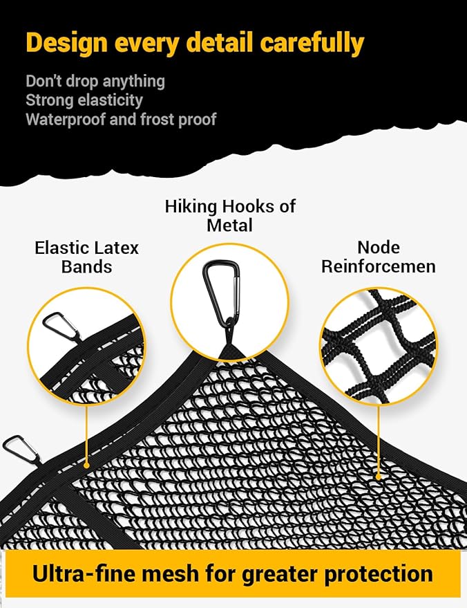 AUTOWN Cargo Net for Pickup Truck Bed - Stretchable 4'x4' to 7'x7', High Elastic Fine Mesh 1''x1'' with 8 Metal Carabiners - Ideal for ATV, SUV, UTV, Truck and Boat Use (Double Layer)
